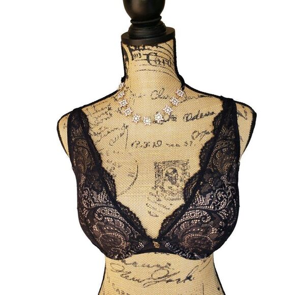 Women's Bra 32D Lace Plunge Double Push up Black Molded Sexy Bra 32D - Picture 3 of 7